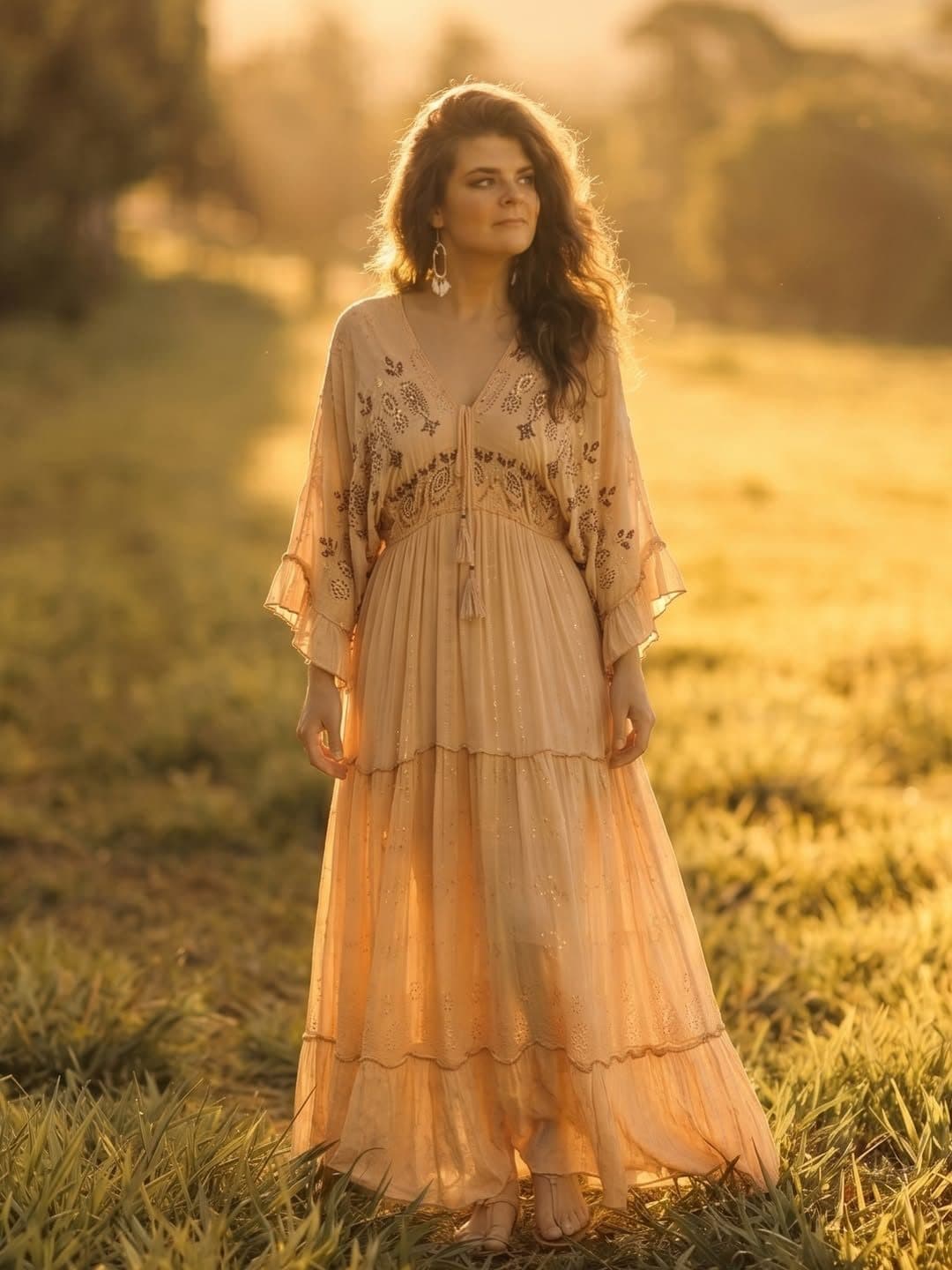 Mulher com vestido longo pêssego em campo ao pôr do sol