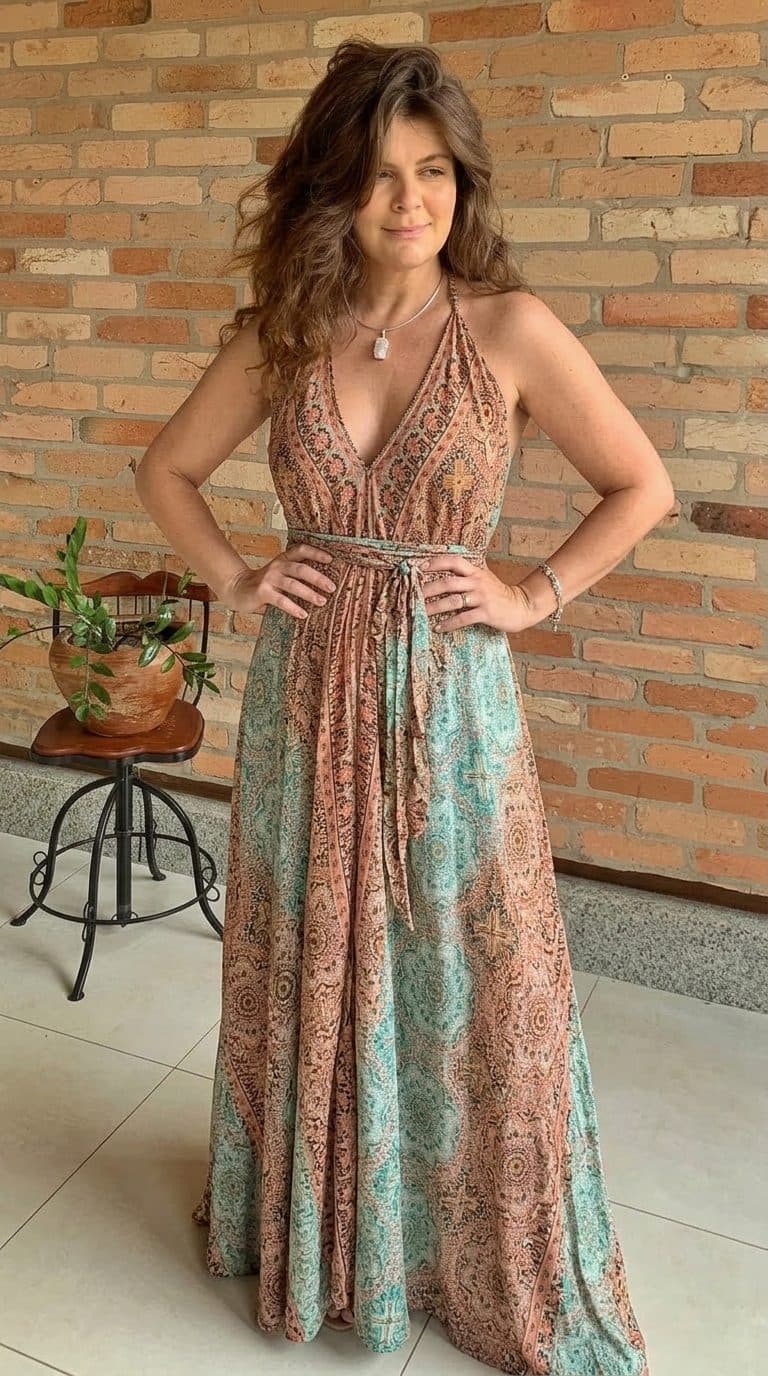 Vestido frente única com estampa paisley rosé e turquesa