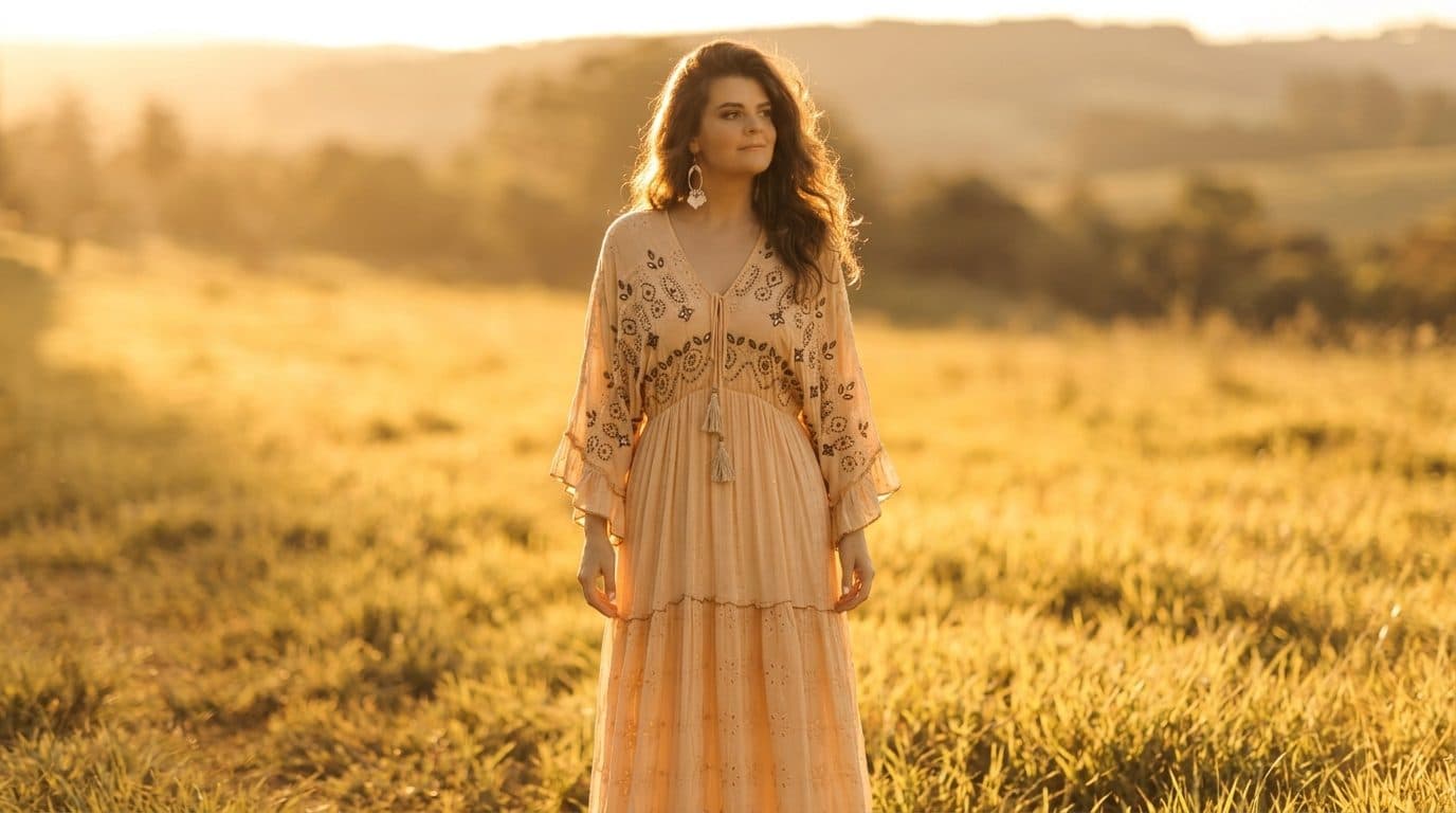 Mulher com vestido longo pêssego em campo ao pôr do sol